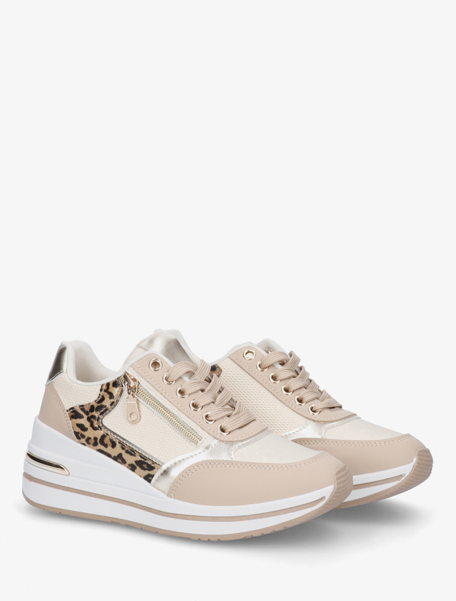 Baskets à plateforme et zip avec empiècement léopard - Beige - 4