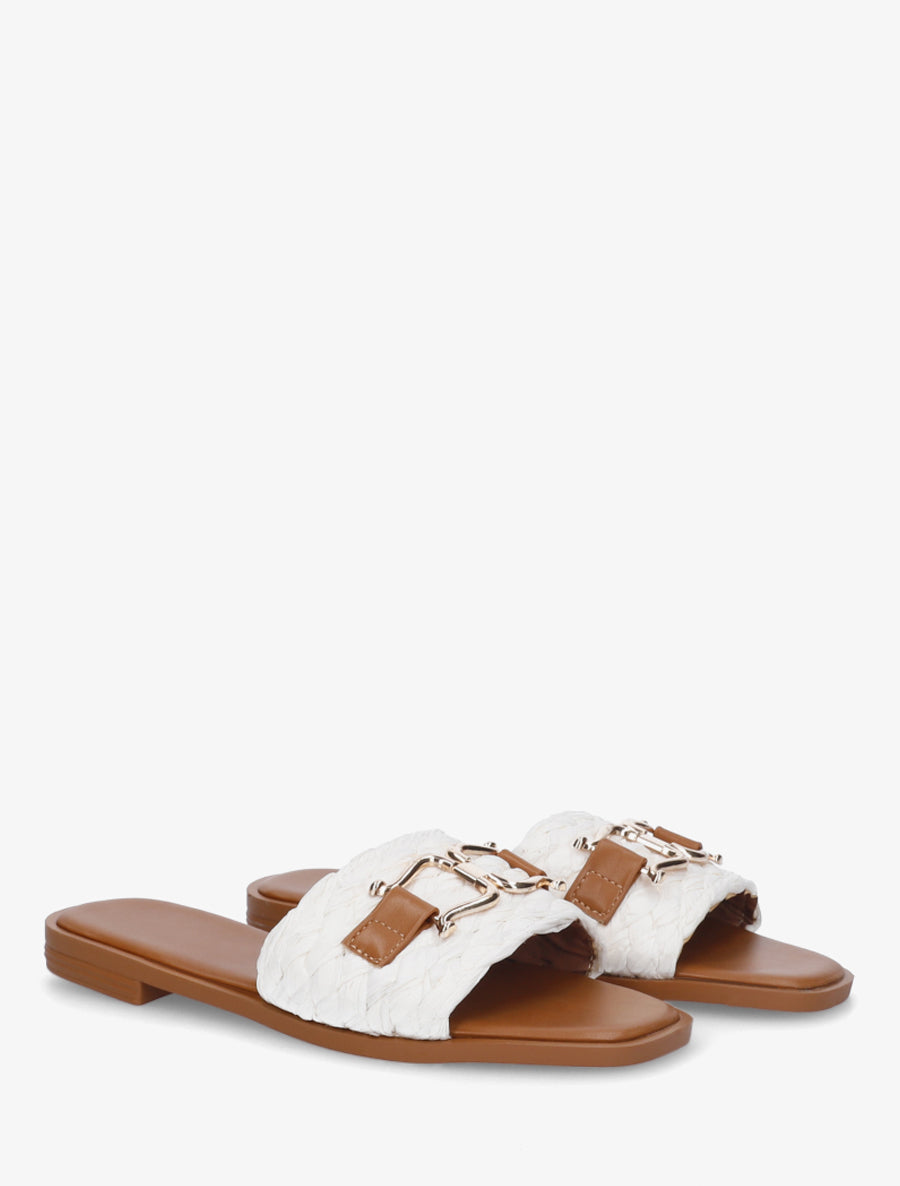 Mules plates en raphia à boucle fantaisie - Blanc - 4