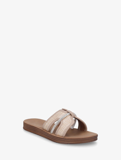 Mules plates en simili et raphia à strass - Taupe - 2