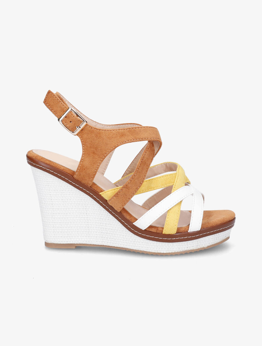 Sandales compensées en suédine et simili - Camel - 1