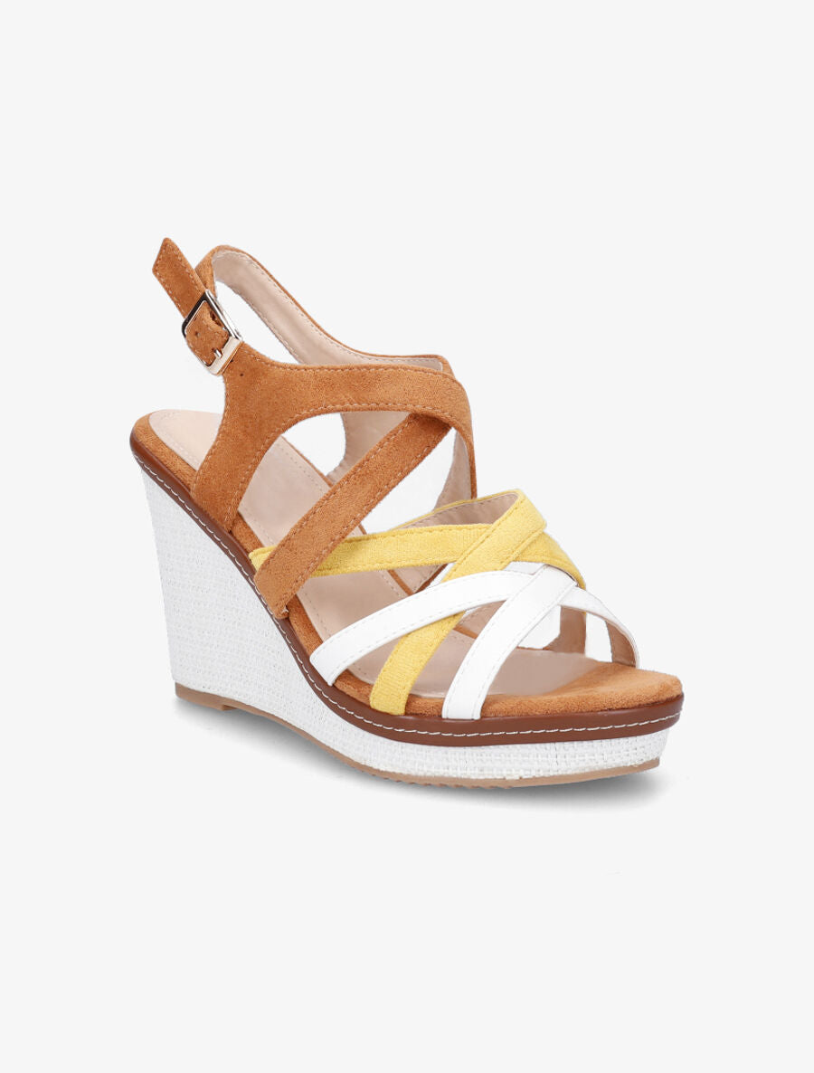 Sandales compensées en suédine et simili - Camel - 2