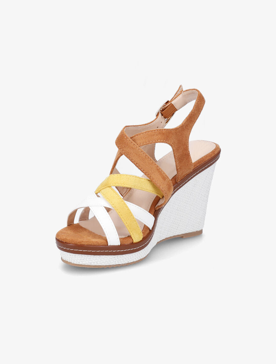 Sandales compensées en suédine et simili - Camel - 3