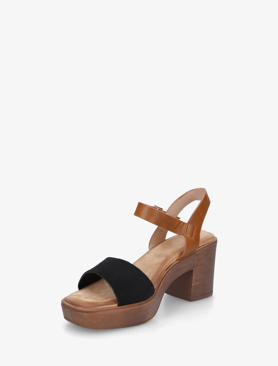 Sandales bi-matière à talon carré - Noir - 3