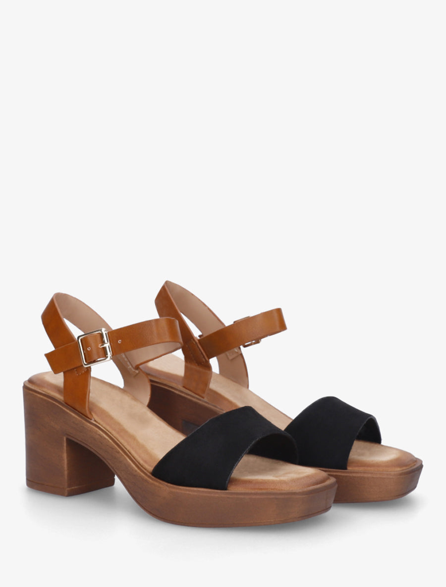 Sandales bi-matière à talon carré - Noir - 4