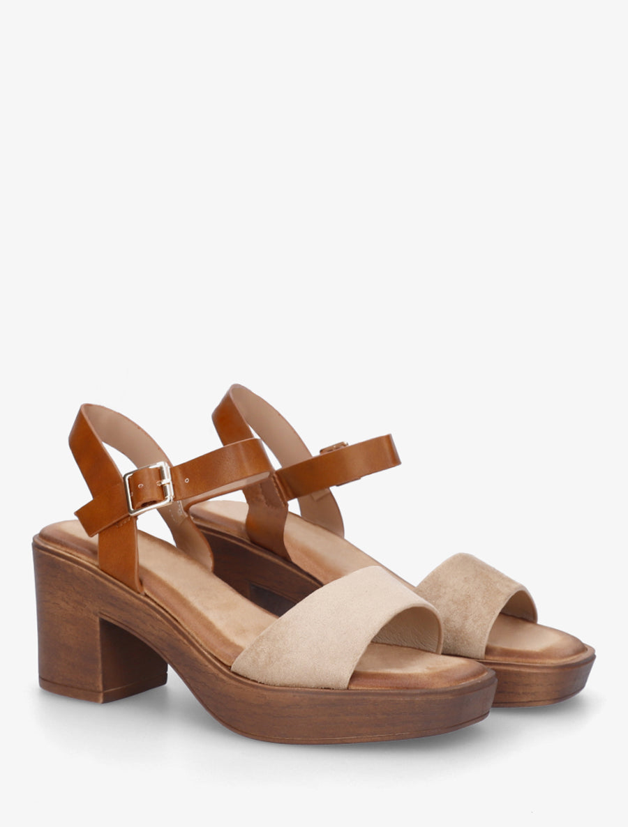 Sandales bi-matière à talon carré - Taupe clair - 4