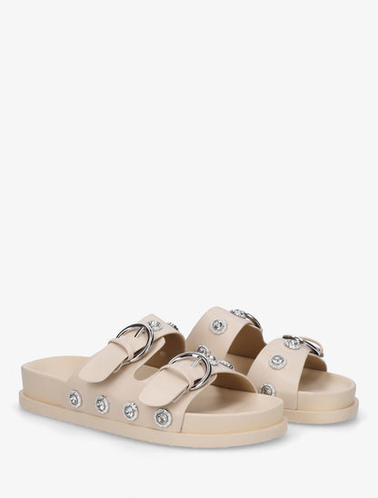 Claquettes en simili à empiècement bijoux strassés - Beige - 4
