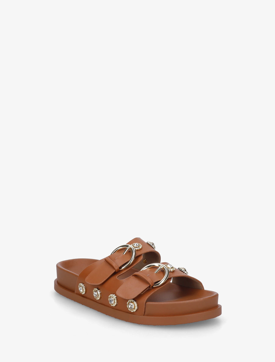 Claquettes en simili à empiècement bijoux strassés - Camel - 2