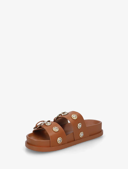 Claquettes en simili à empiècement bijoux strassés - Camel - 3