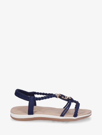 Sandales à empiècement bijoux et cheville élastiquée - Marine - 1