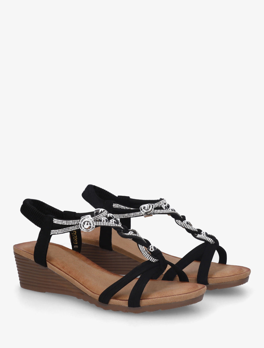 Sandales compensées à bride tressée à strass - Noir - 4