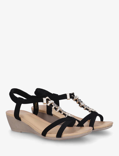 Sandales compensées à empiècement bijoux strassés - Noir - 4