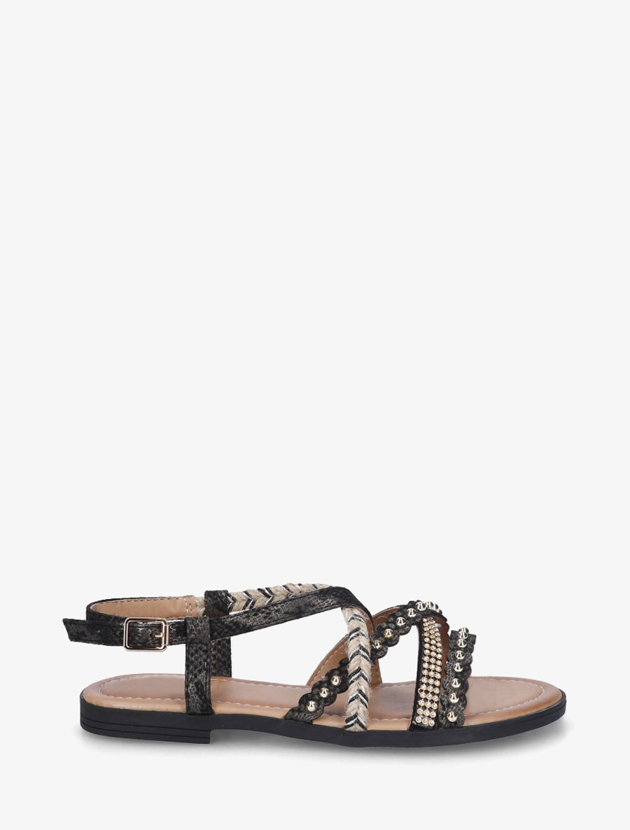 Nu-pieds python à clous et strass - Noir - 1