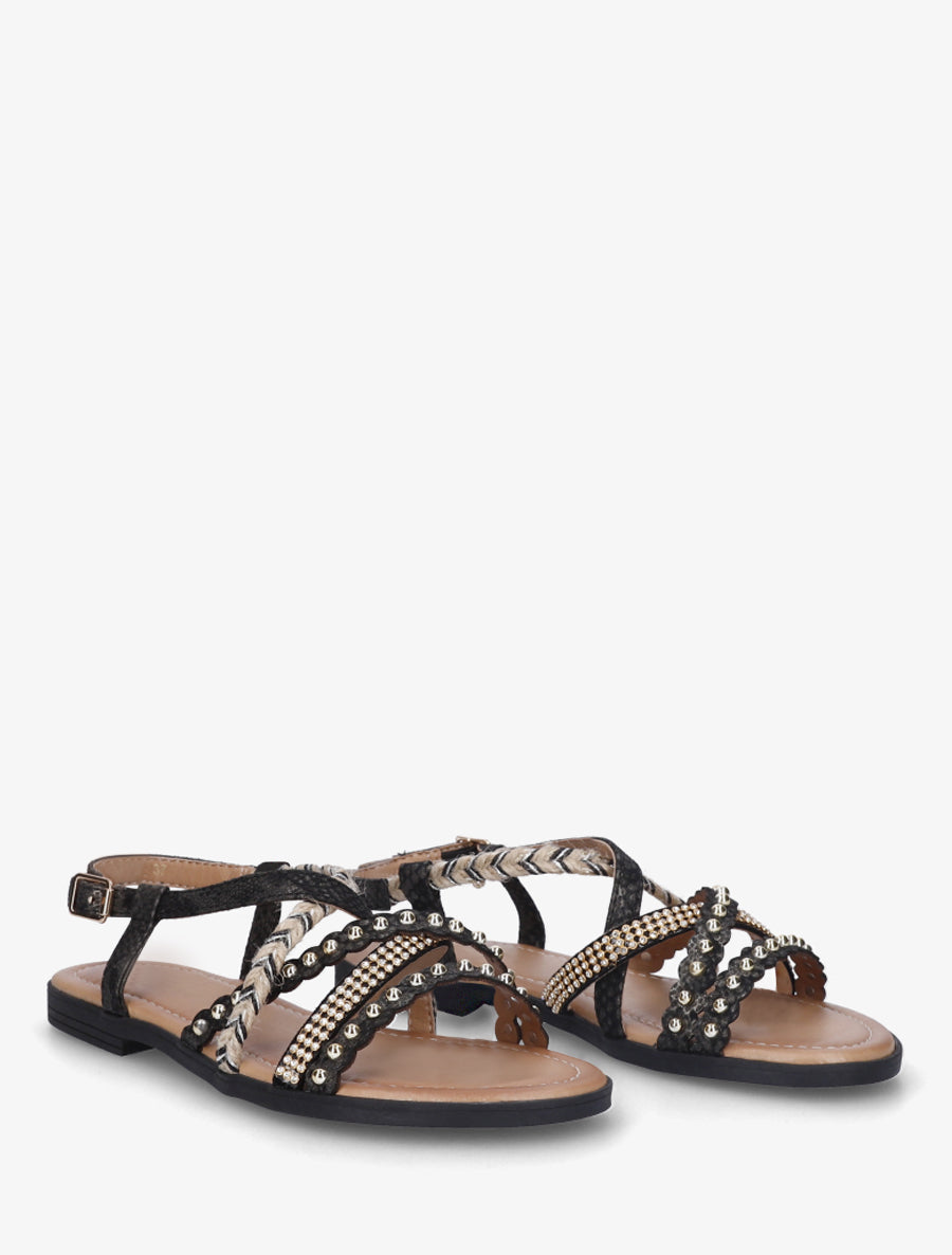 Nu-pieds python à clous et strass - Noir - 4