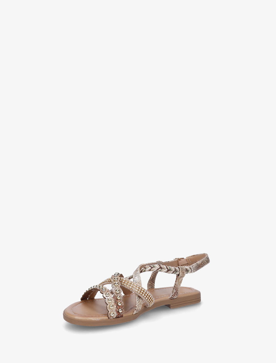 Nu-pieds python à clous et strass - Beige - 3