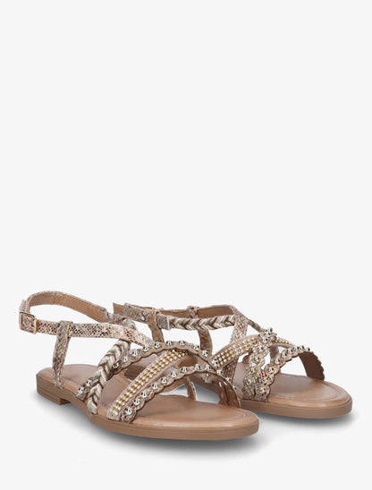 Nu-pieds python à clous et strass - Beige - 4