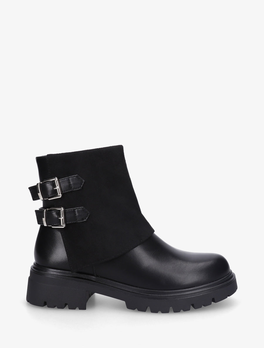 Boots bi-matière à revers et boucles - Noir - 1