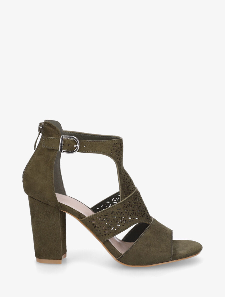 Sandales à talon et bride ajourée en suédine - Kaki - 2
