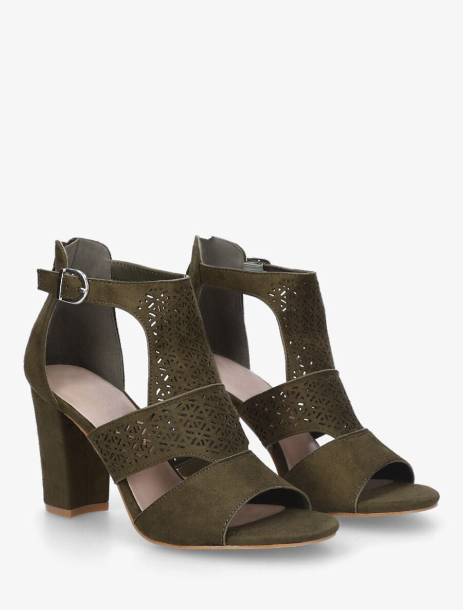 Sandales à talon et bride ajourée en suédine - Kaki - 5