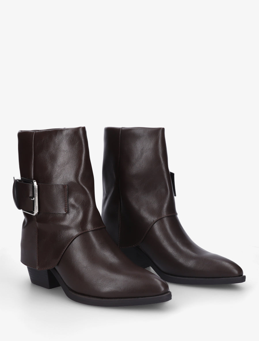 Bottines en simili à revers et ceinturon - Marron - 4