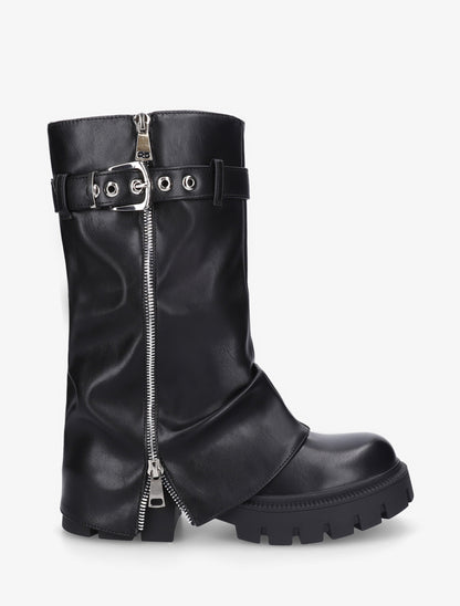Bottines à revers et zip décoratif en simili - Noir - 1