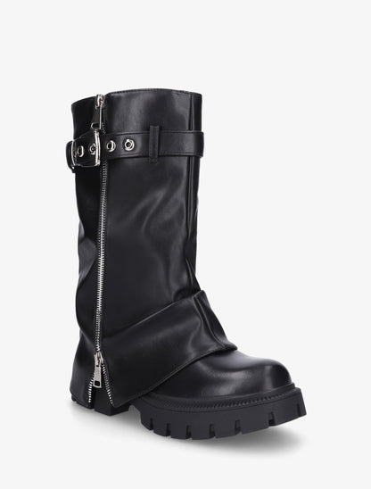 Bottines à revers et zip décoratif en simili - Noir - 2