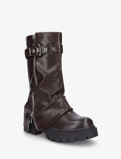 Bottines à revers et zip décoratif en simili - Marron - 2
