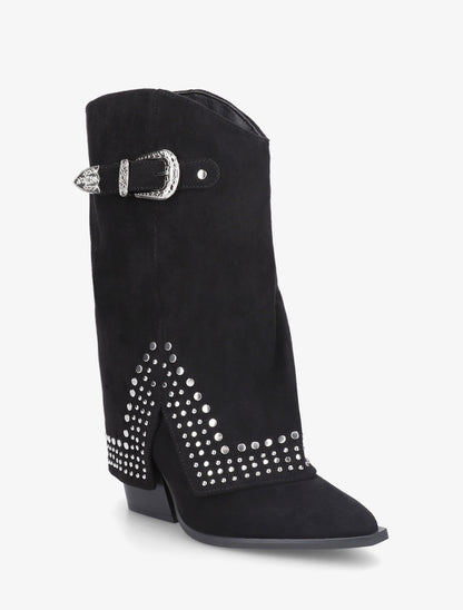 Bottines à revers cloutées en suédine - Noir - 2