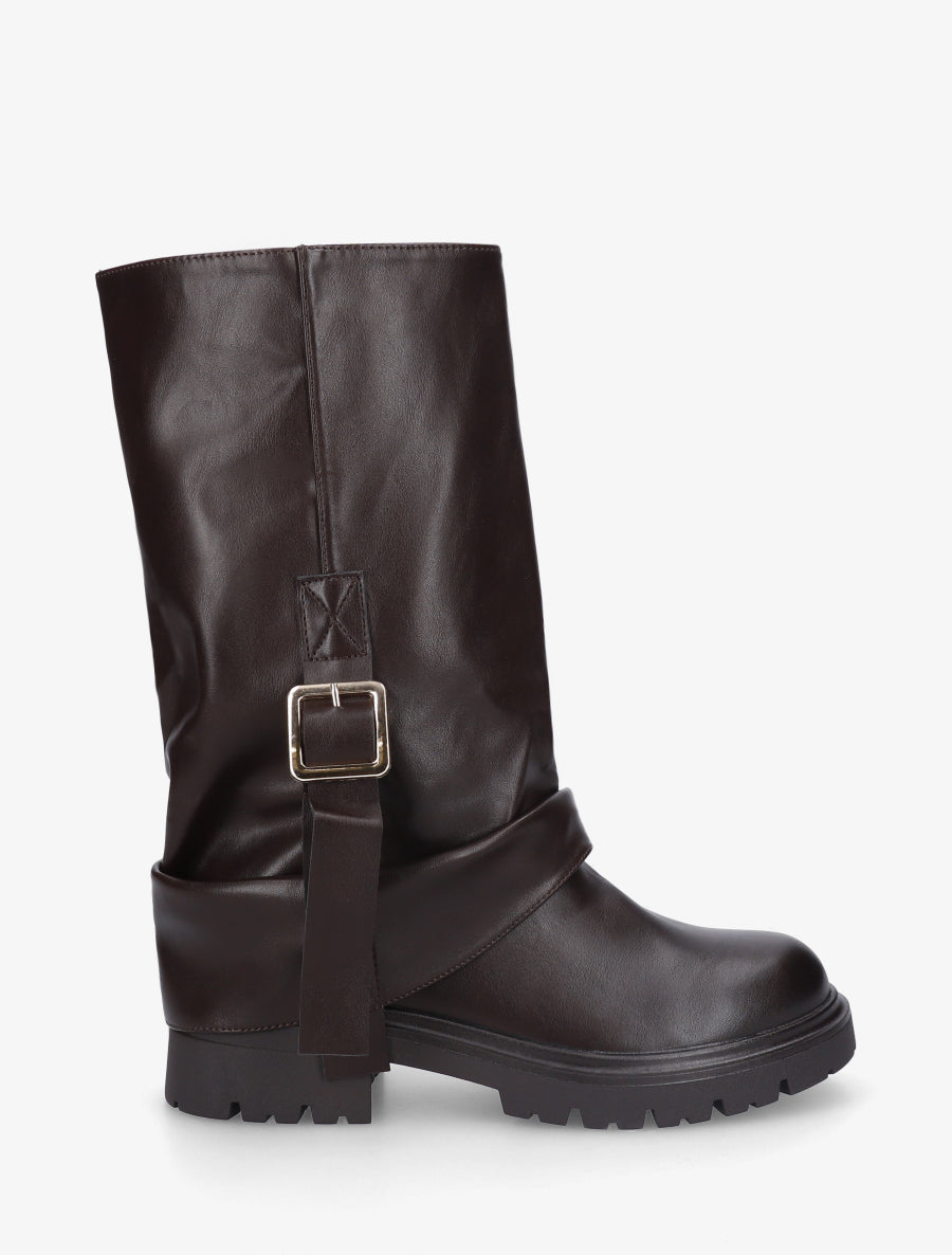 Bottines à revers et sanglées en simili - Marron - 1