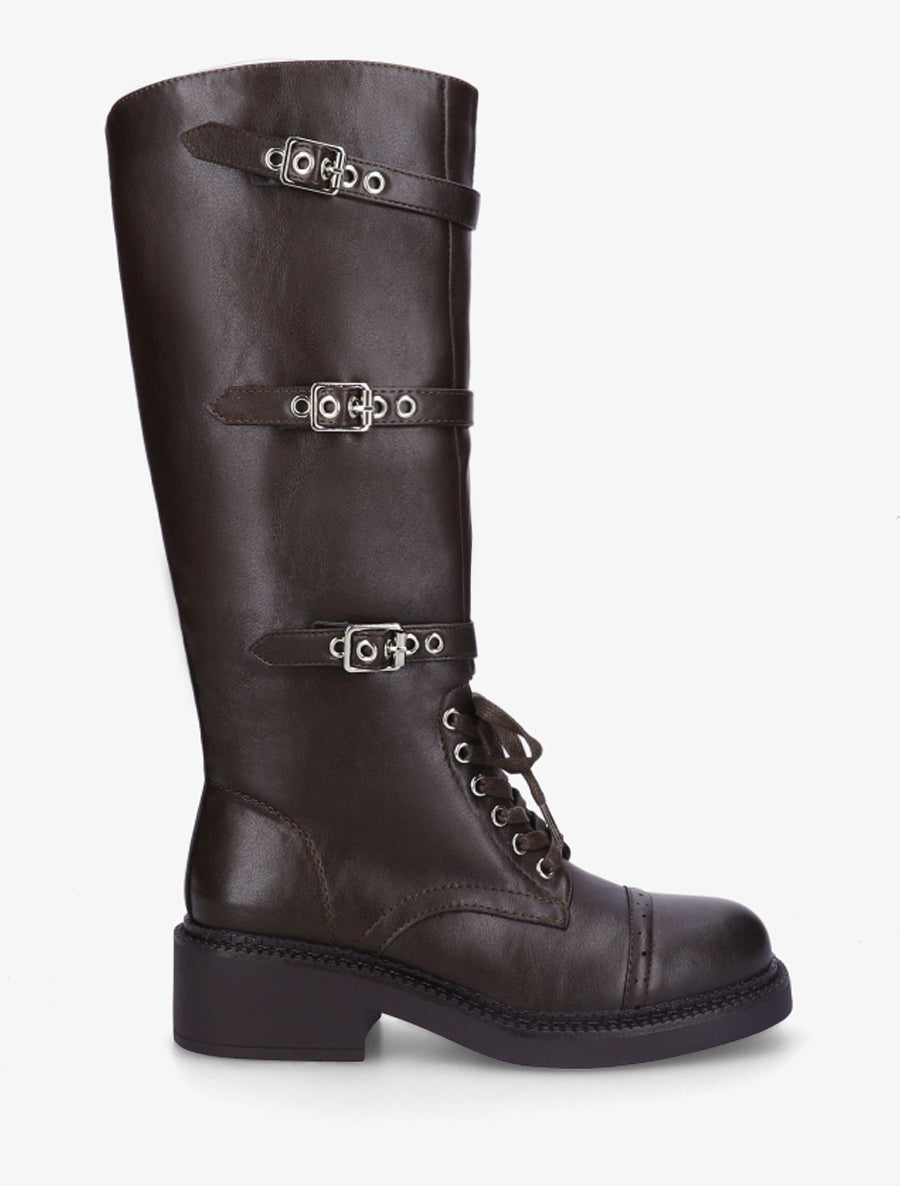 Bottes à lacets et triple sangles en simili - Marron - 1