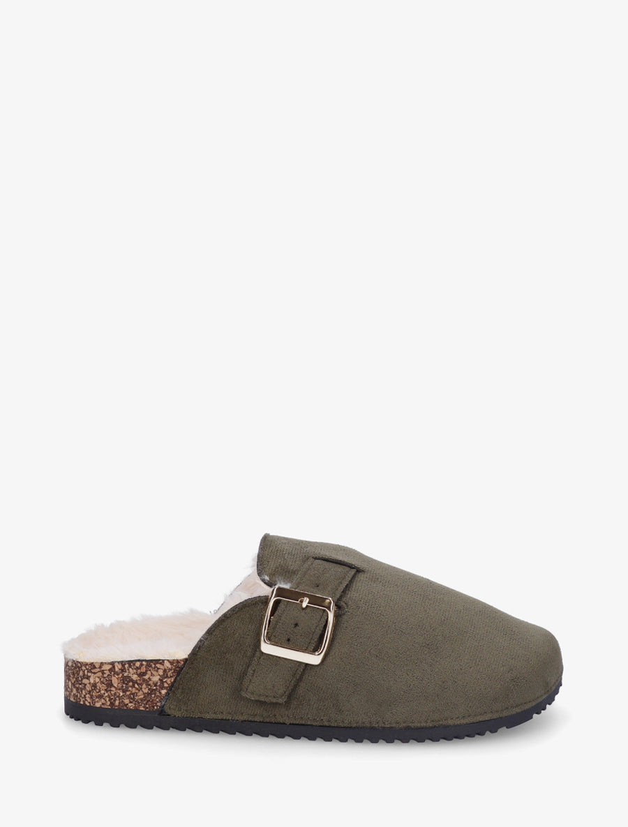 Mules fourrées en suédine - Kaki - 1