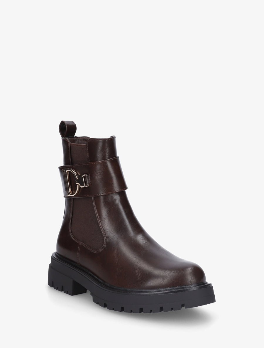 Bottines montantes à boucle décorative dorée - Marron - 2