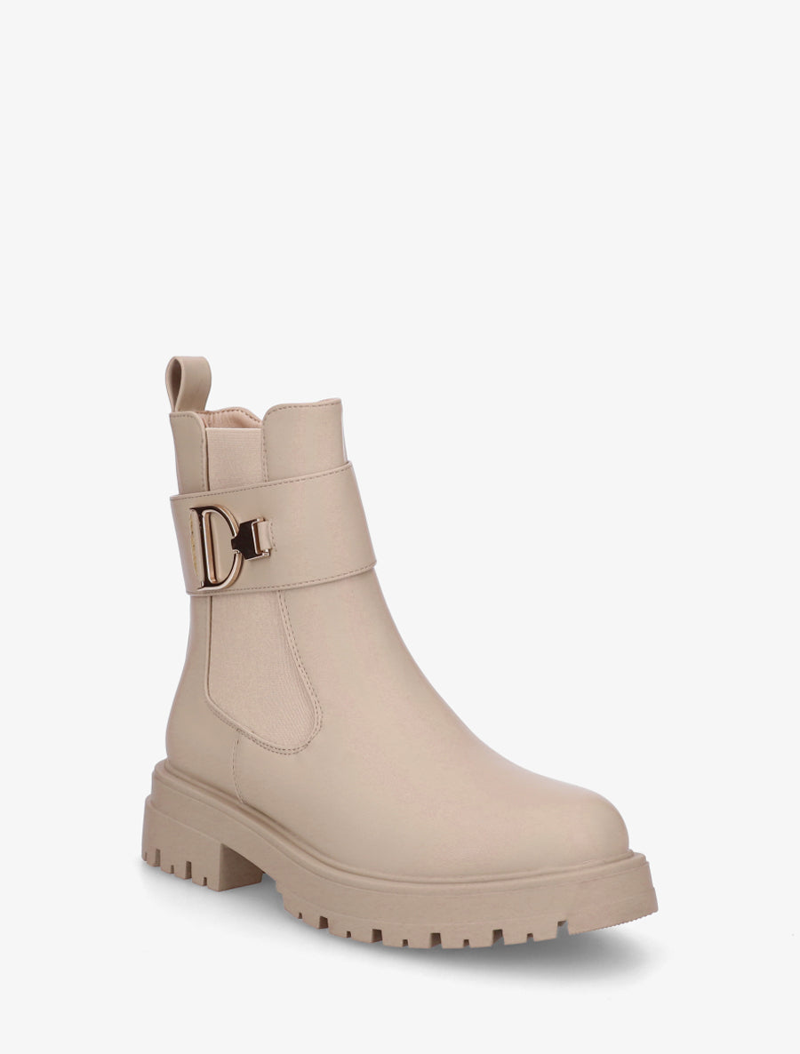 Bottines montantes à boucle décorative dorée - Beige - 2