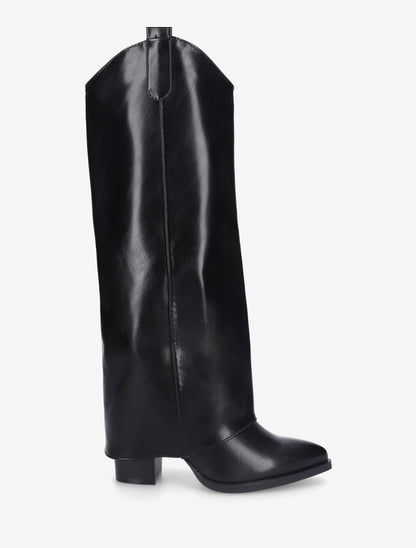 Bottes à talon et revers en simili - Noir - 1