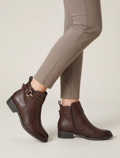 Bottines simili cuir à zip intérieur - Marron