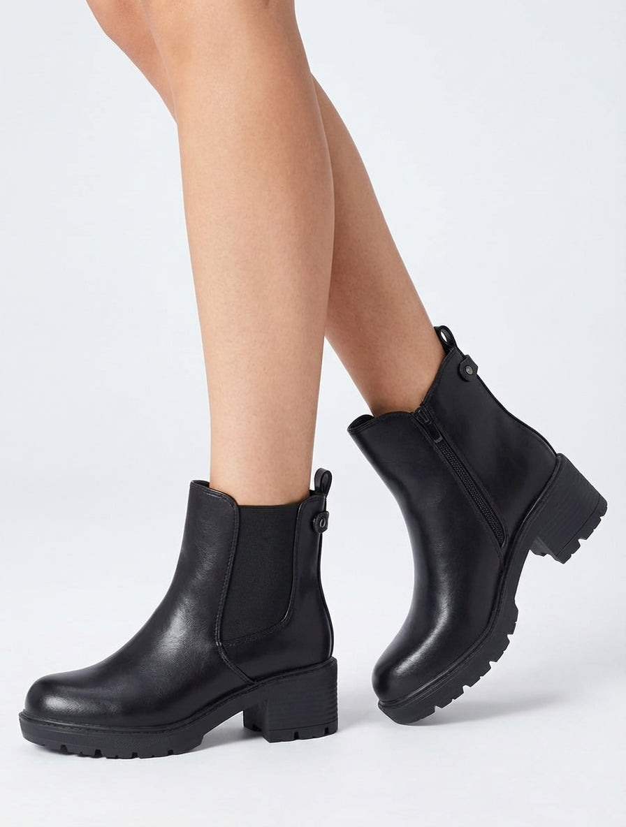 Bottines à talon bloc cranté - Noir