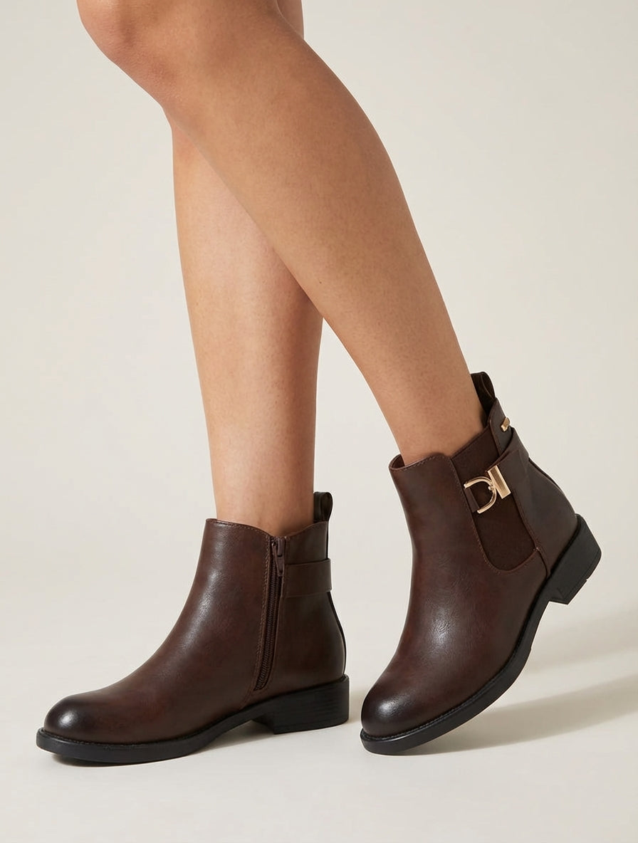 Bottines à boucle et zip intérieur - Marron