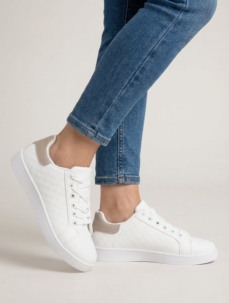 Baskets lacées motif damier - Taupe