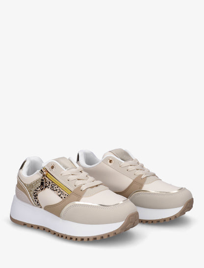 Sneakers à zip décoratif et bandes dépareillés - Beige - 4