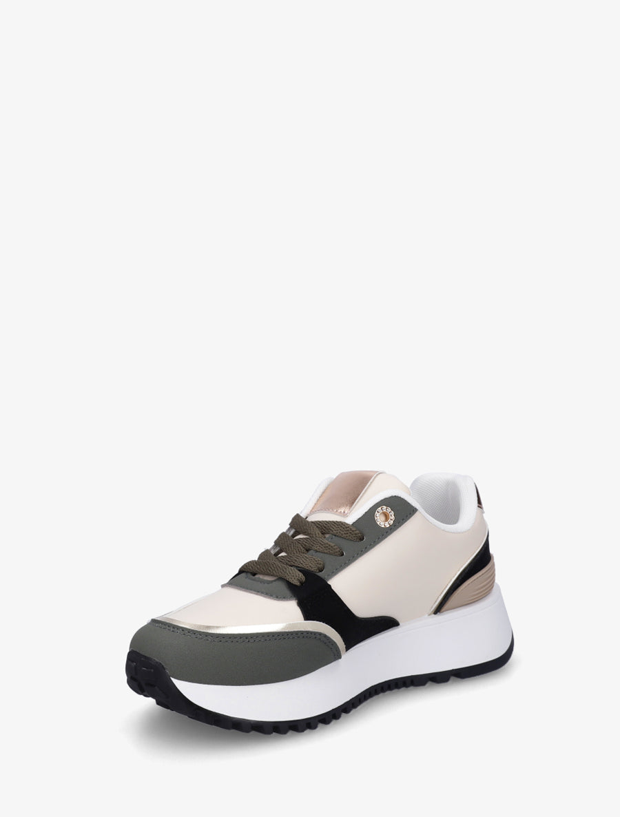 Sneakers à zip décoratif et bandes dépareillés - Kaki - 3