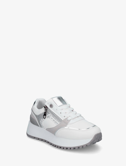 Sneakers à zip décoratif et bandes dépareillés - Blanc - 2