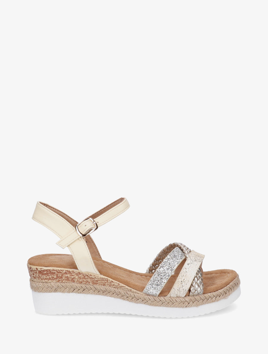 Sandales compensées à brides fantaisies pailletées - Beige - 1