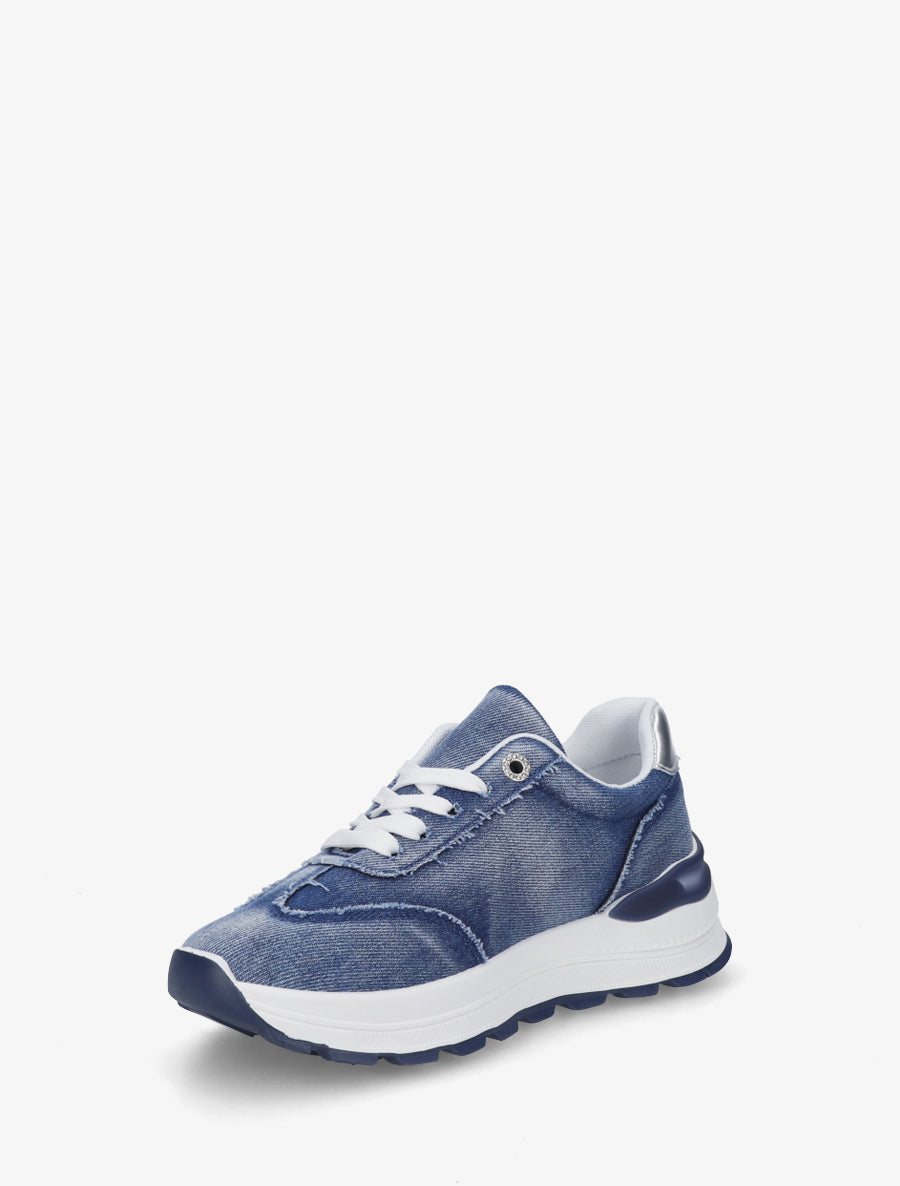 Sneakers en jean à bande et contrefort contrastant - Bleu denim - 3