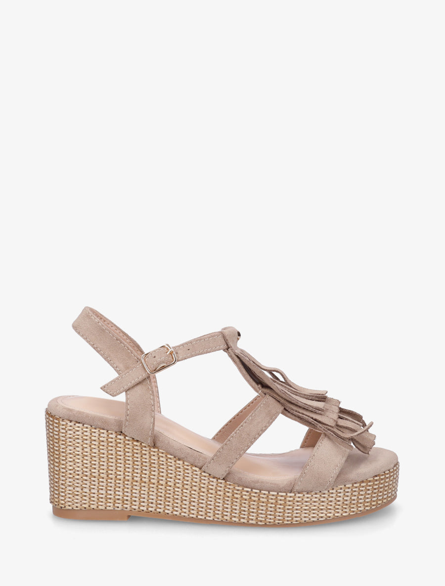 Sandales compensées à franges - Taupe - 1