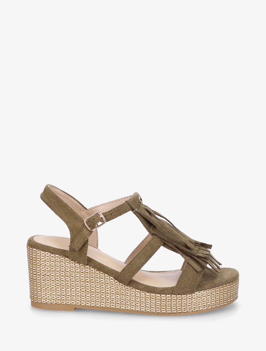 Sandales compensées à franges - Kaki - 1