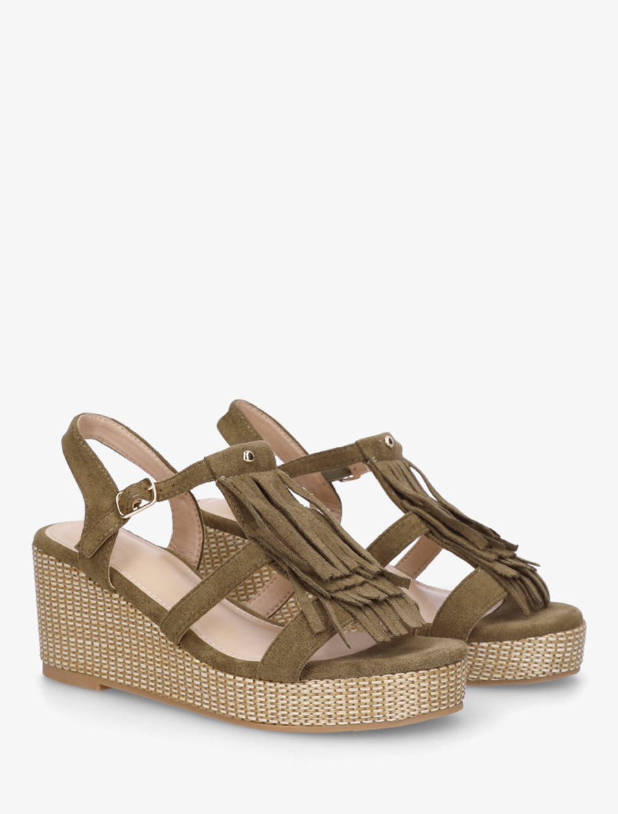 Sandales compensées à franges - Kaki - 4