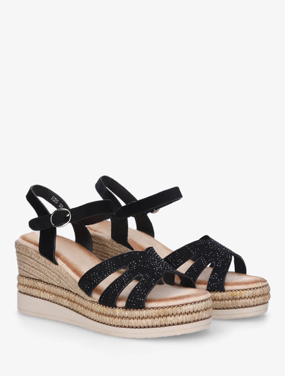 Sandales talon compensé à bride strassée - Noir - 4