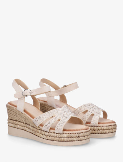 Sandales talon compensé à bride strassée - Beige - 4