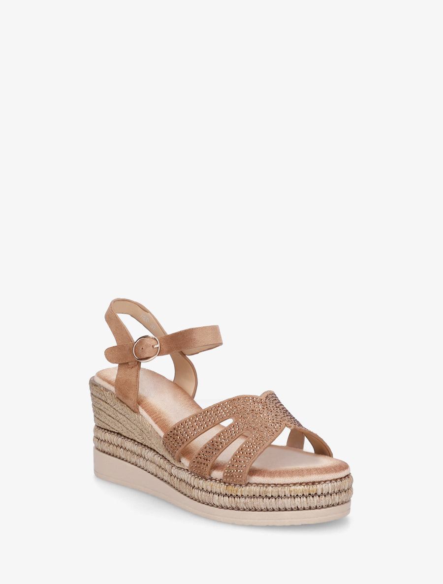 Sandales talon compensé à bride strassée - Camel - 2