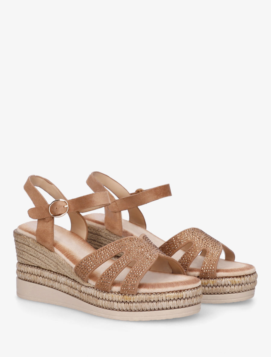 Sandales talon compensé à bride strassée - Camel - 4