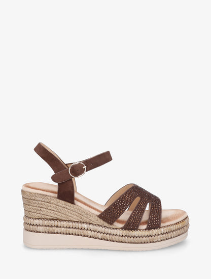 Sandales talon compensé à bride strassée - Marron - 1